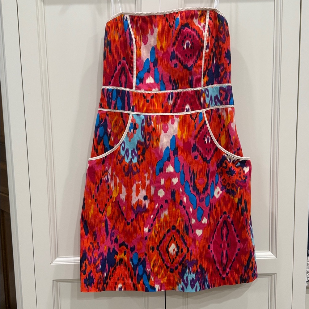B Smart womens 12 multi color abstract ikat print strapless dress with pockets.